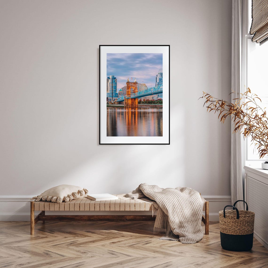 Cincinnati Roebling Suspension Bridge at Dusk Over the River Poster - Image 2