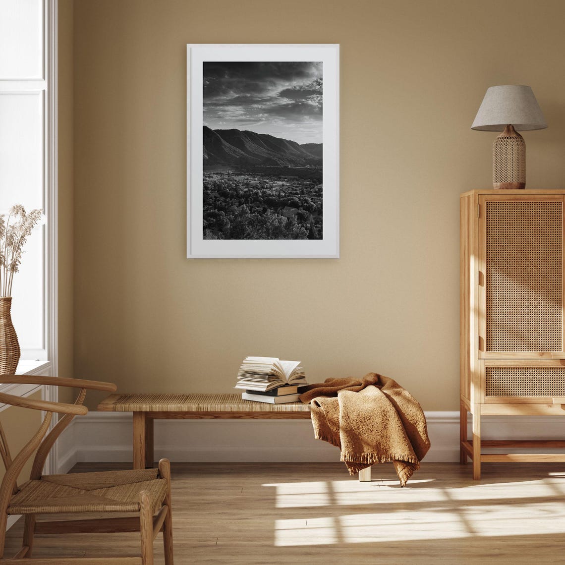 Mountain Town Valley Under Storm Clouds Black and White Poster - Image 3