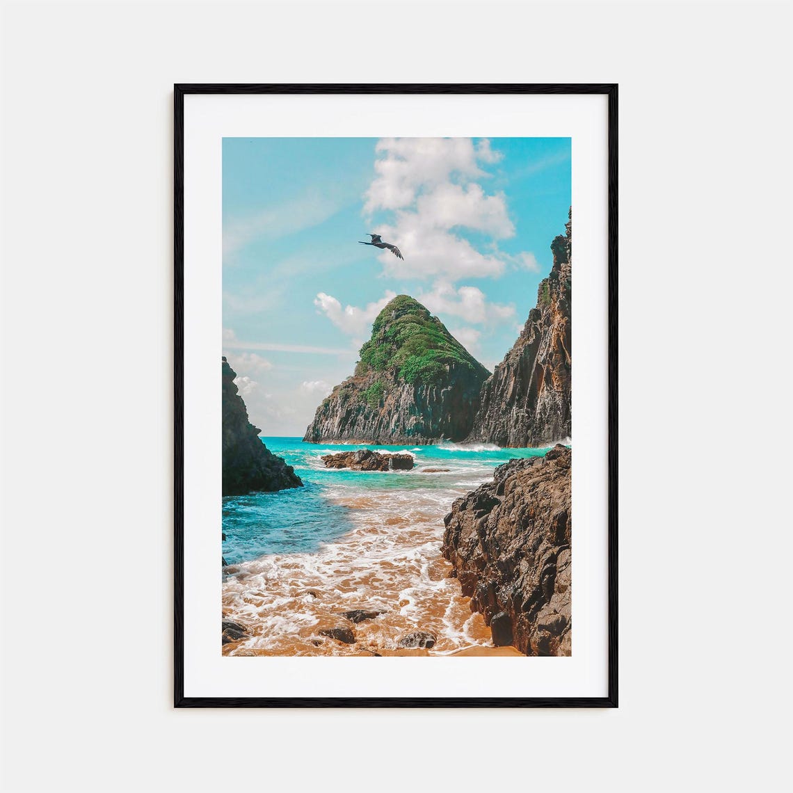 Tropical Cove with Volcanic Sea Stack and Seabird in Flight Poster