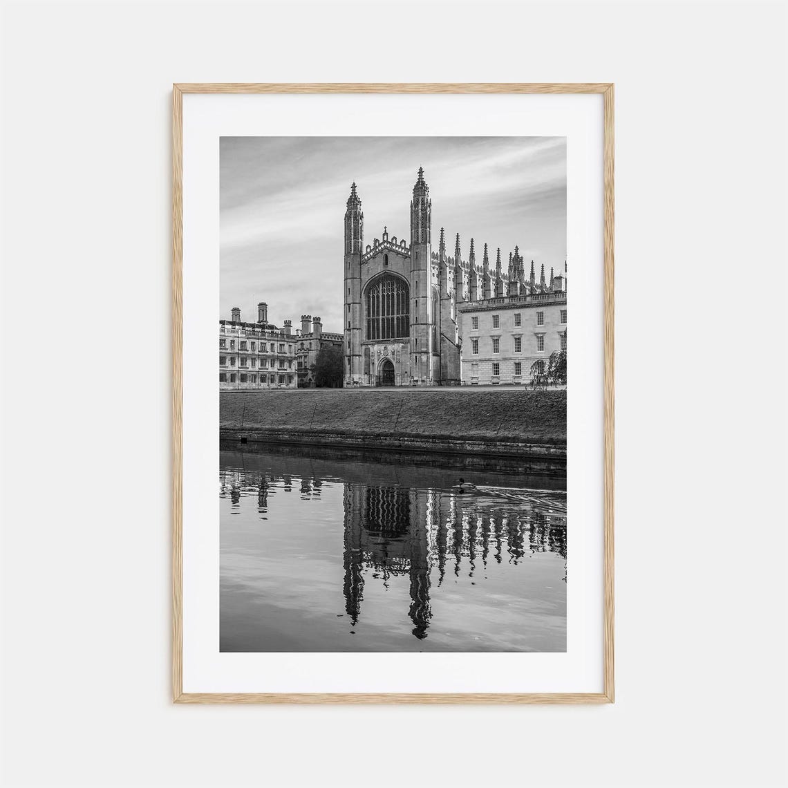Kings College Chapel on Cambridge River Black and White Poster
