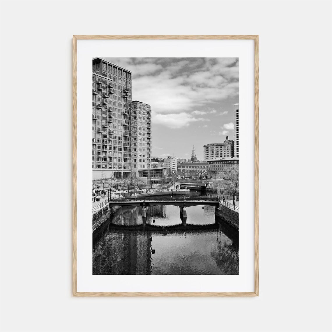 Providence Skyline Over River Bridge Black And White City Photo Poster