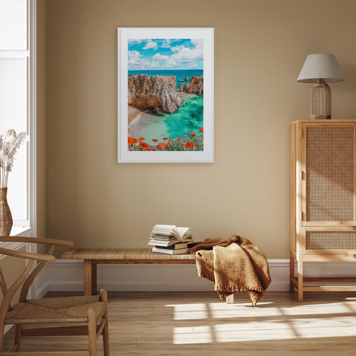 Dramatic Sea Cliff Arch with Red Poppies Turquoise Ocean Poster - Image 3