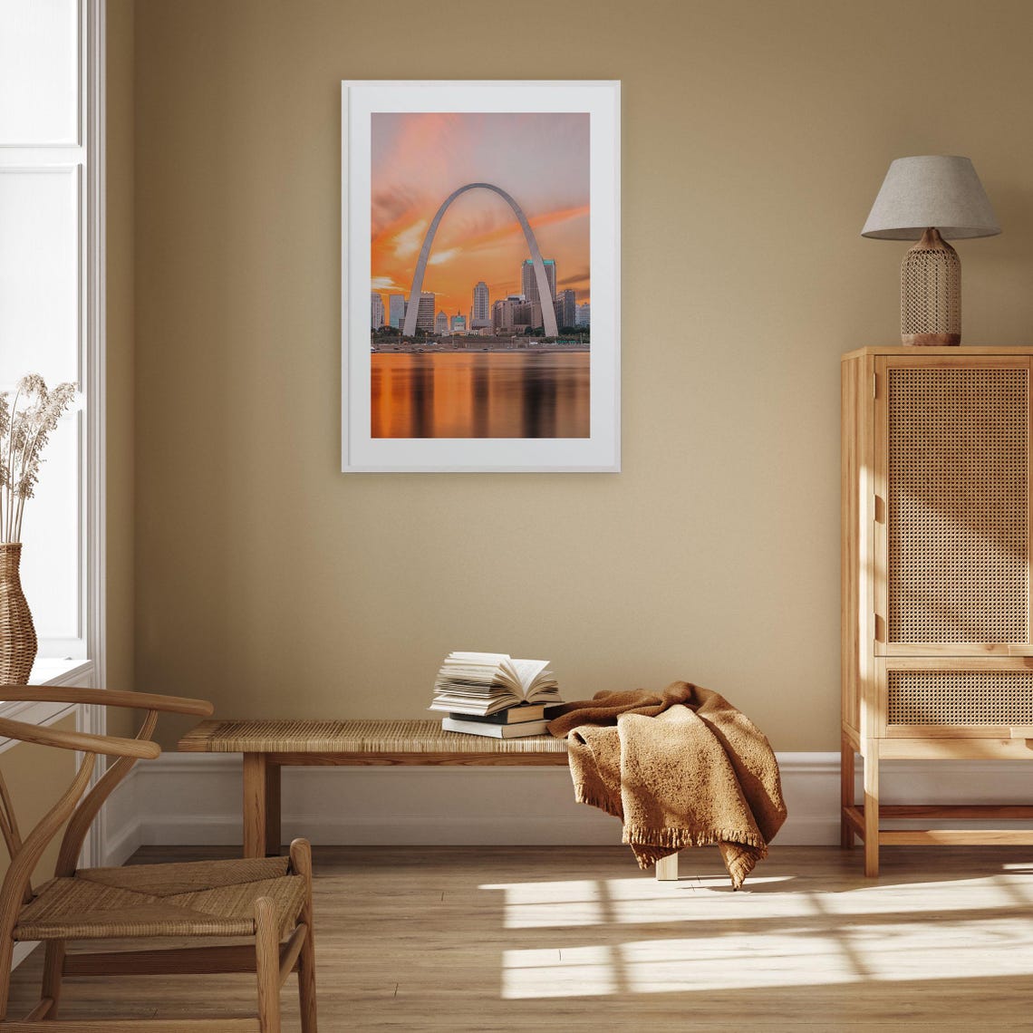 St Louis Gateway Arch Reflected in River at Peach Sunset Poster - Image 2