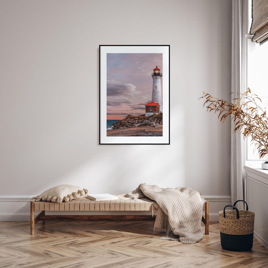 Lake Michigan Lighthouse Red Roof Rocky Shore Pink Sunset Poster - Image 2