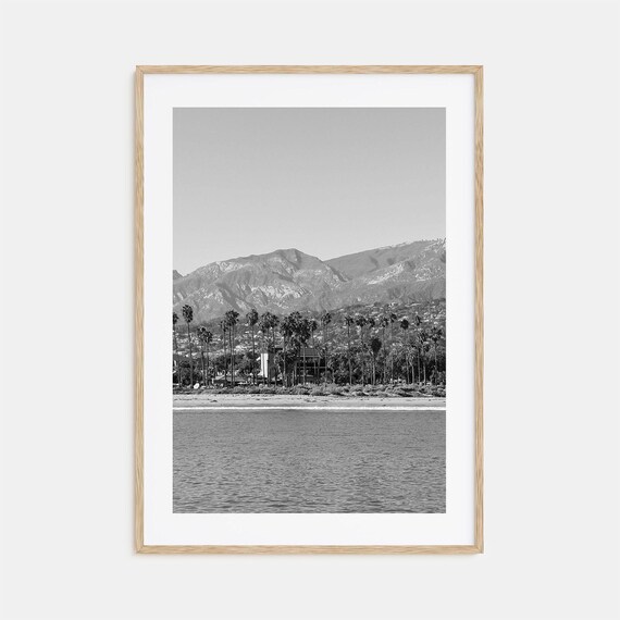 Santa Barbara Shoreline Palms Mountain Backdrop California Black White Poster