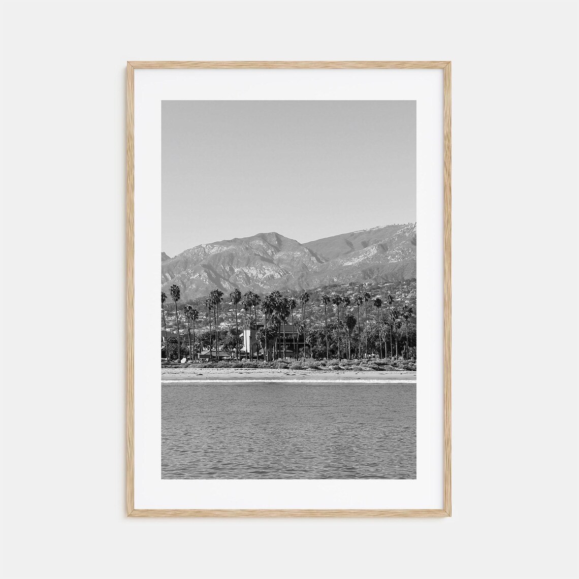 Santa Barbara Shoreline Palms Mountain Backdrop California Black White Poster