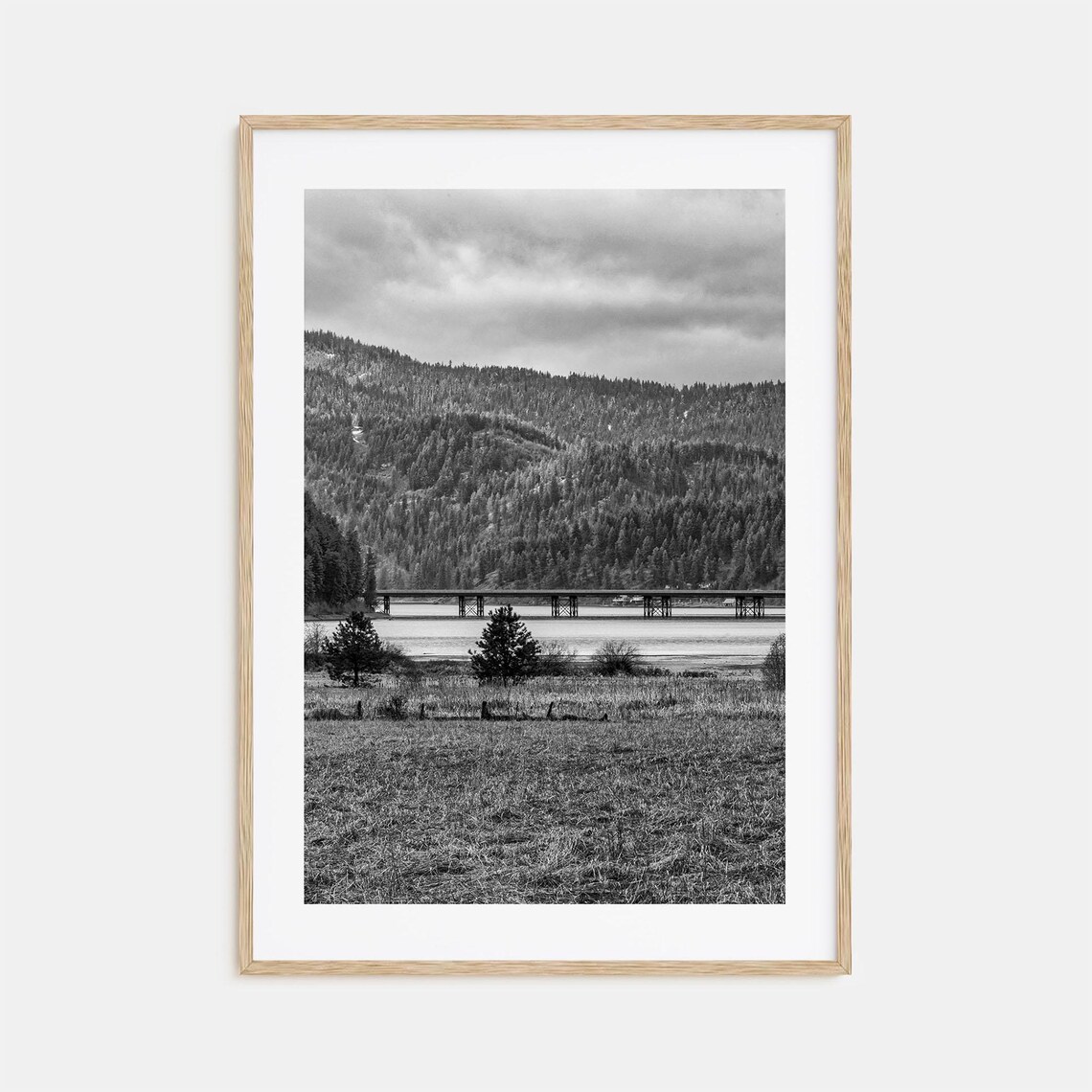 Coeur d'Alene Lake Bridge Forested Hills Black And White Photo Poster