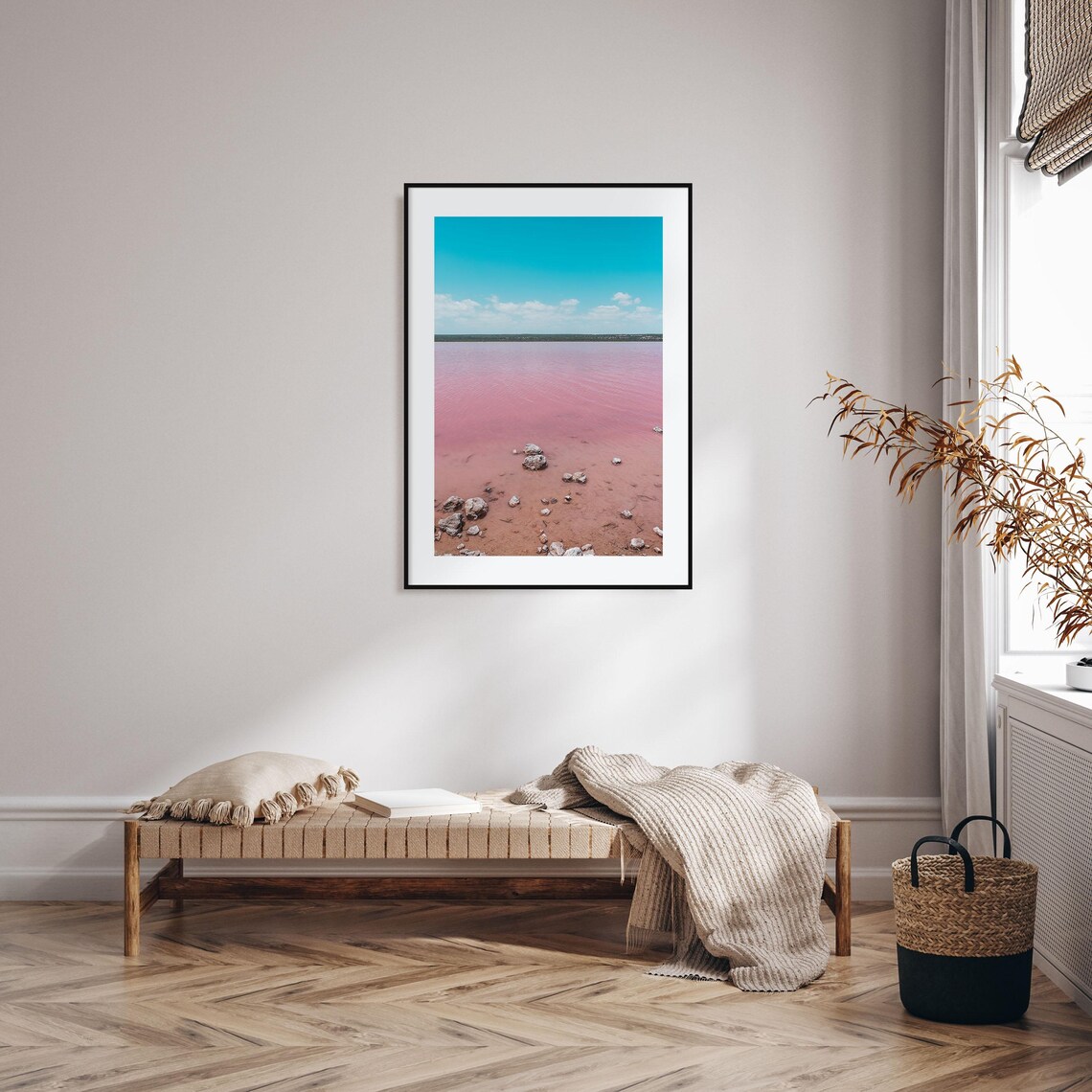 Pink Salt Lake Minimalist Landscape Pastel Blue Sky Nature Poster - Image 2