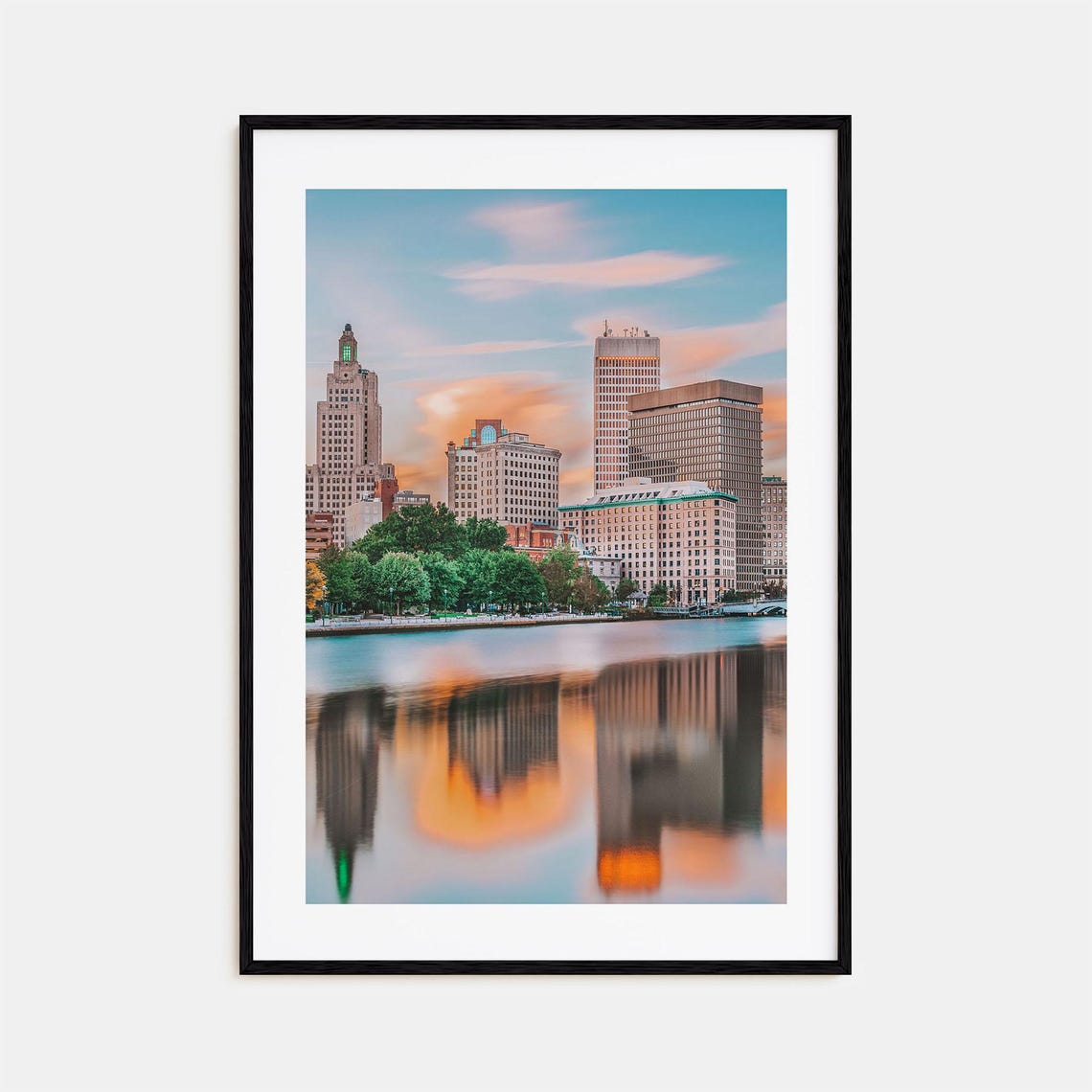 Sunset City Skyline Reflected in Calm River Photography Poster