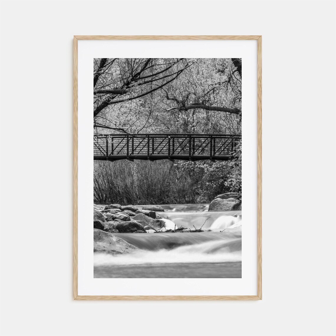 Boulder Creek Footbridge Nature Black and White Photo Poster