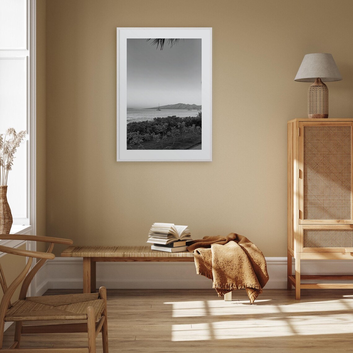 Lahaina Maui Sunset Sailboats Palms Ocean View Black and White Poster - Image 3