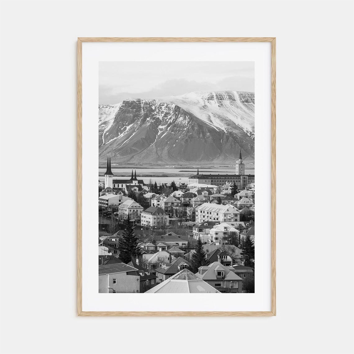 Reykjavik City Under Snow Capped Mount Esja Black White Poster