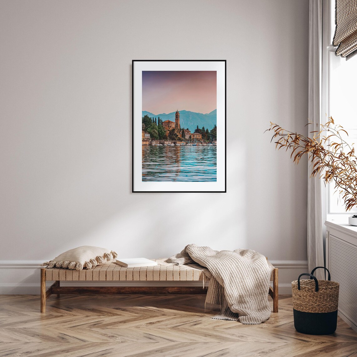 Lake Como Italian Village Church Tower Dusk Boats Calm Water Poster - Image 2