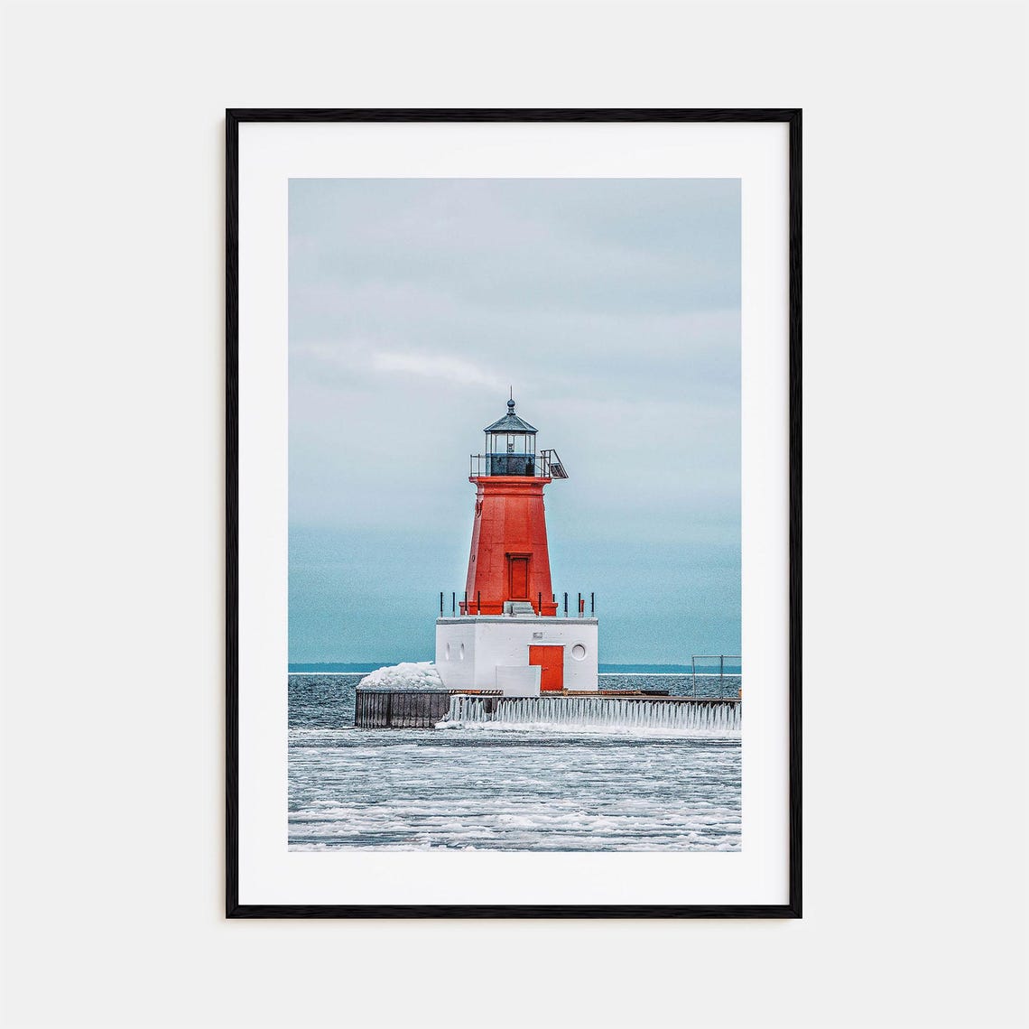 Red Lighthouse in Winter Ice Great Lakes Coastal Photo Poster