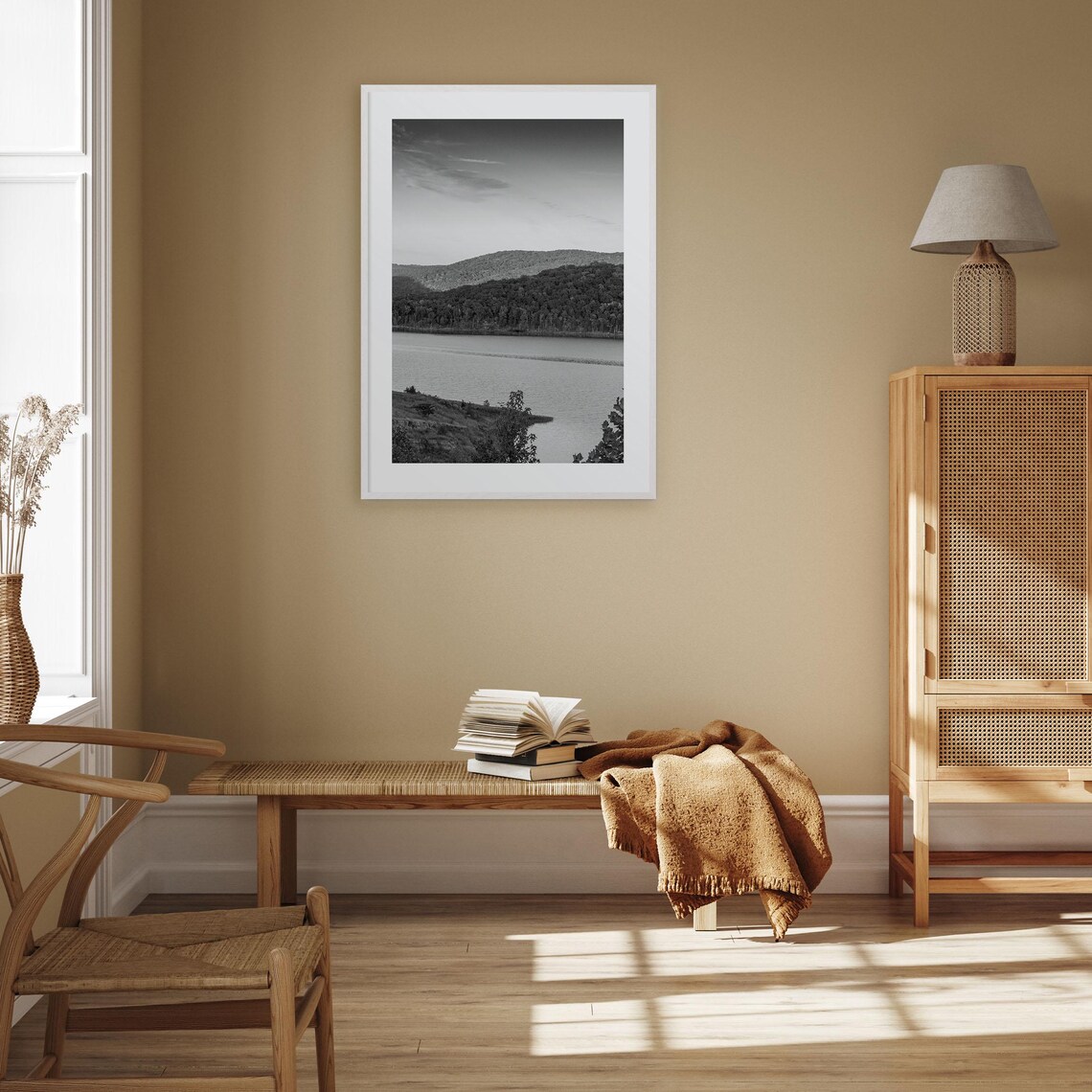 Arkansas Lake Forested Hills Calm Waters Black And White Photo Poster - Image 3