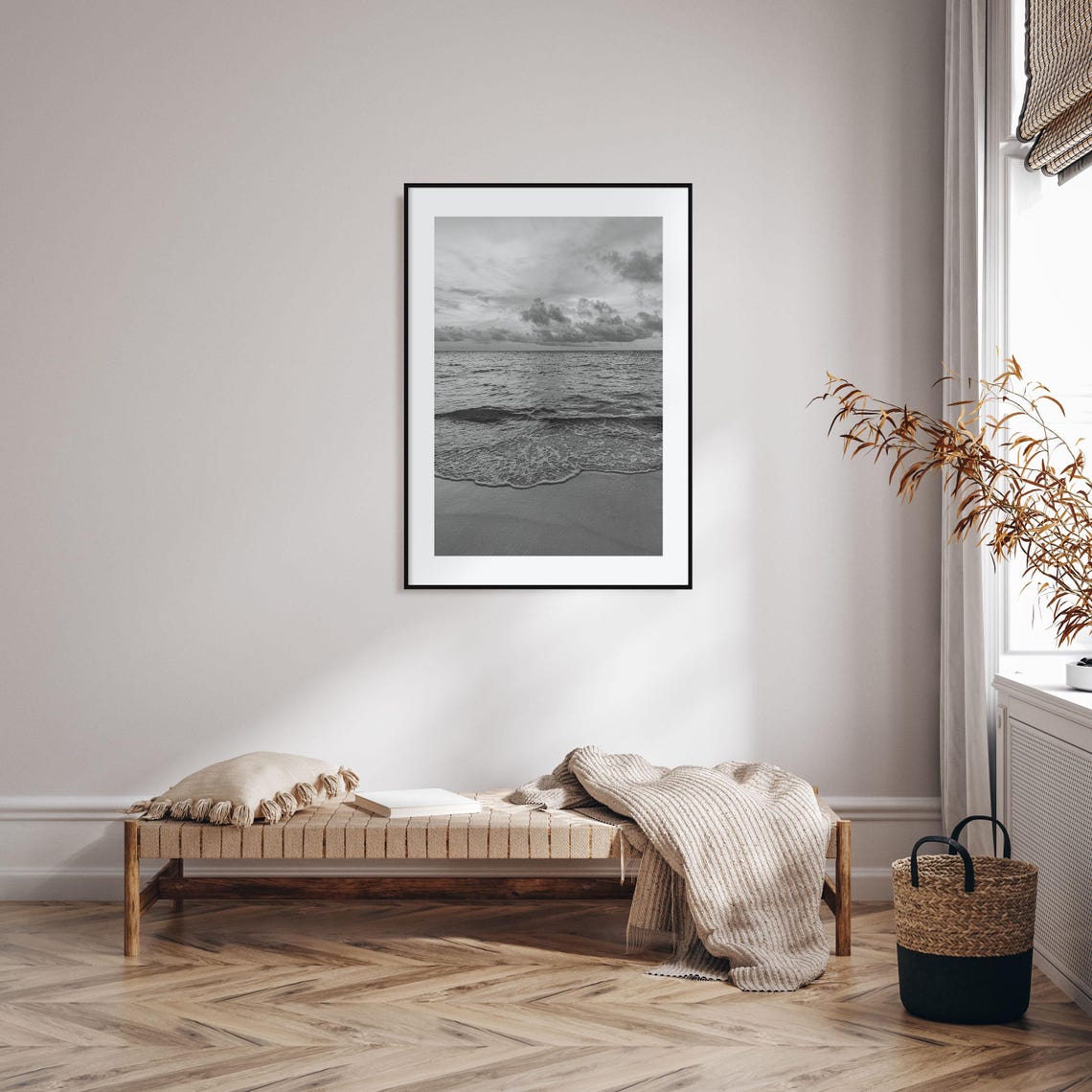 Gentle Waves Meeting Sandy Beach Black And White Photo Poster - Image 2