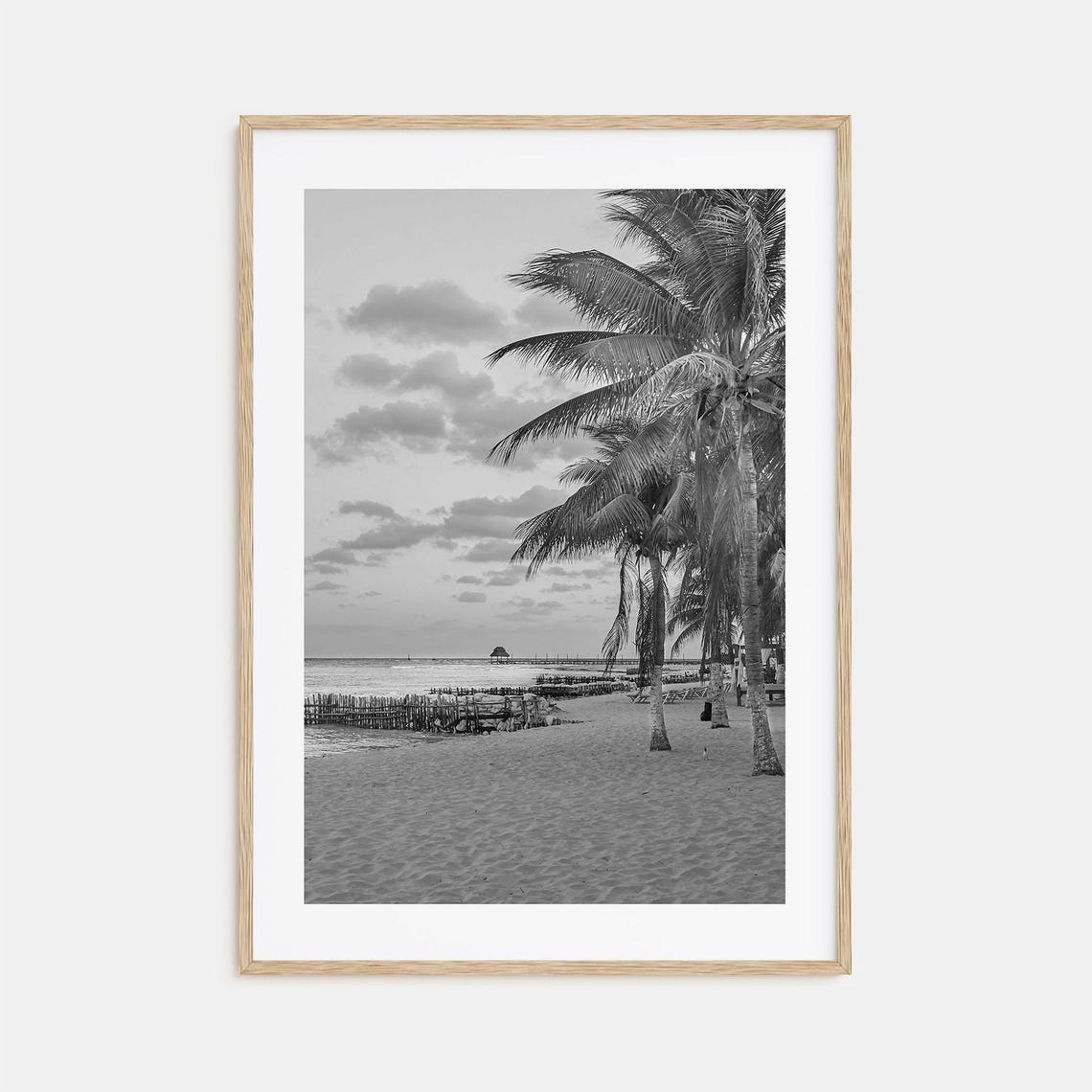 Quiet Sandy Beach Palm Trees Distant Pier Black and White Poster