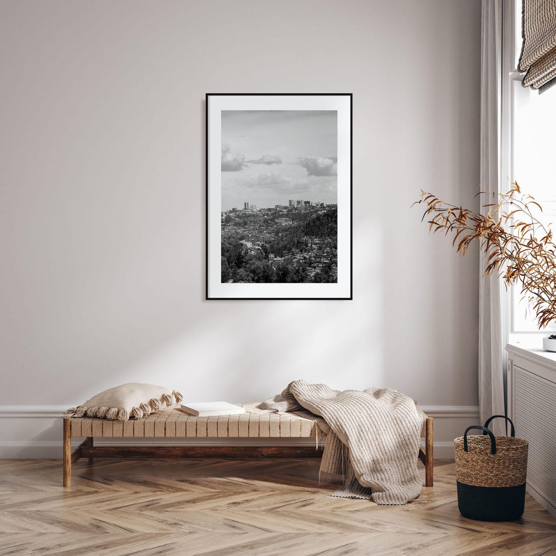 City Skyline Rising Above Forested Hills Black And White Poster - Image 2