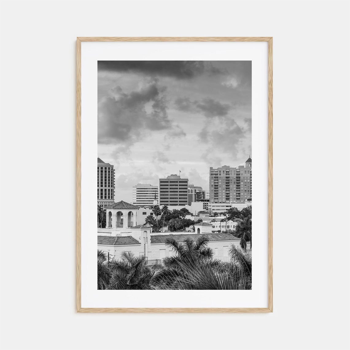 Sarasota Florida City Skyline Palm Trees Black And White Photo Poster