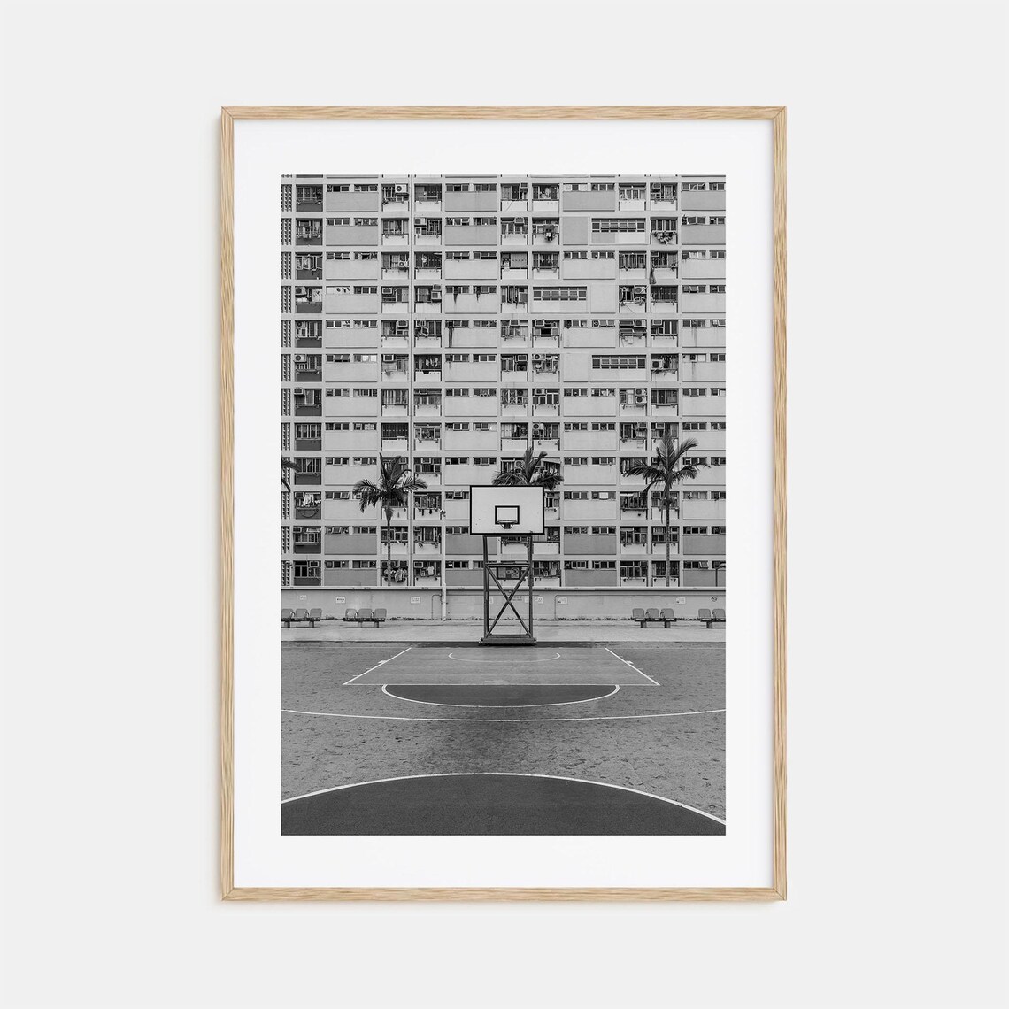 Street Basketball Court Beneath Towering City Block Black White Poster