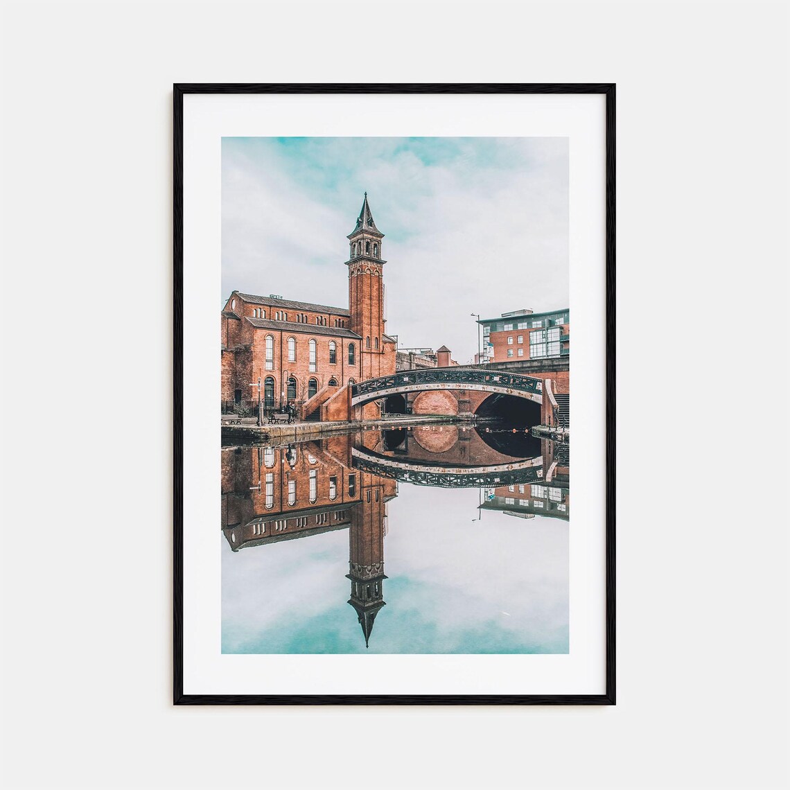 Manchester Canal Reflection Red Brick Church Spire Bridge Scene Poster