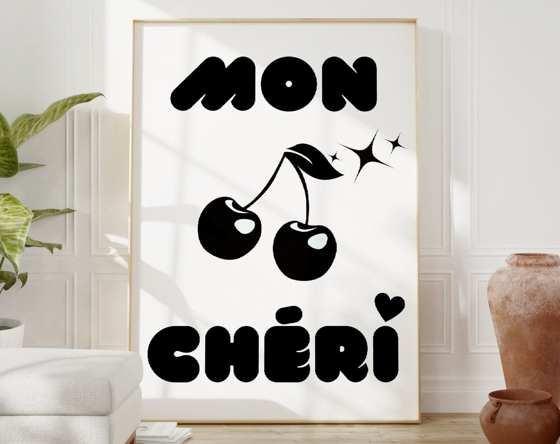 Mon Cheri Cherry Graphic Black and White Retro Y2K Poster Wall Decor