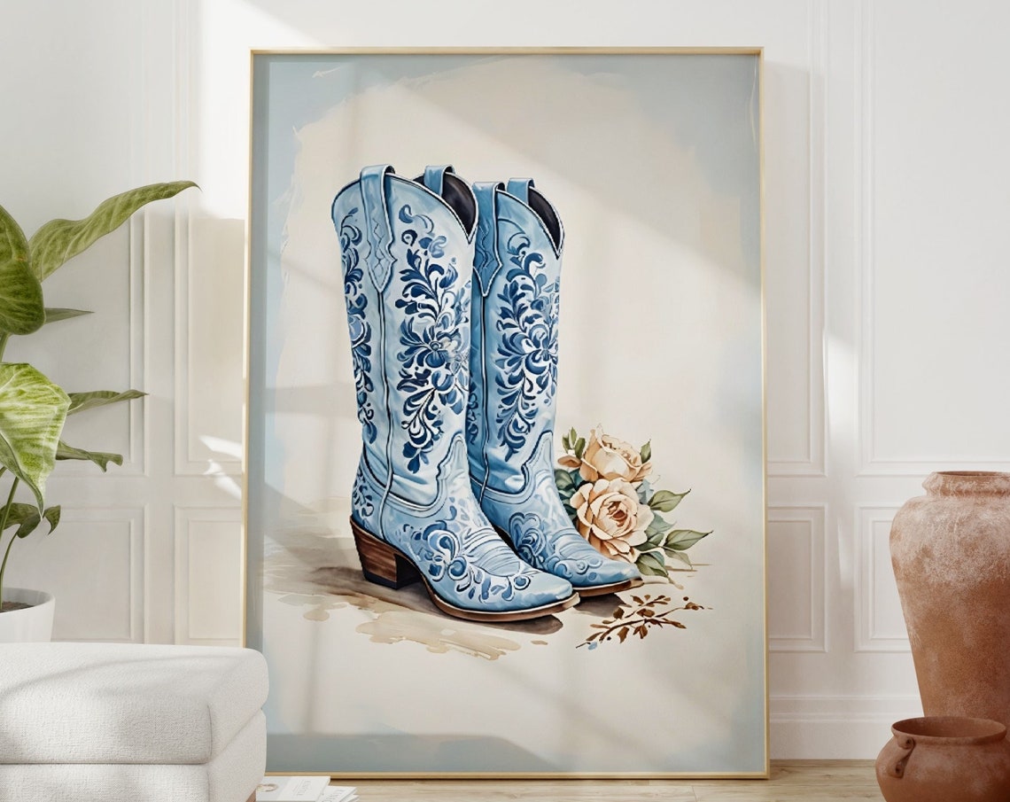 Light Blue Floral Cowgirl Boots with Peach Roses Western Decor Poster - Image 3