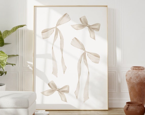 Beige Bow Print Preppy Aesthetic Wall Art Teen Room Decor Preppy Poster White Bow Apartment Decor Neutral Nursery Print Pastel Poster