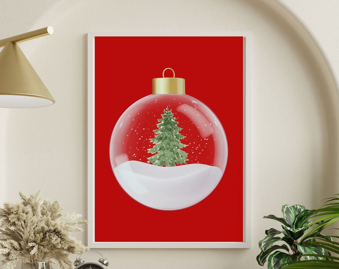 Red Christmas Snow Globe Bauble Tree Holiday Watercolor Poster
