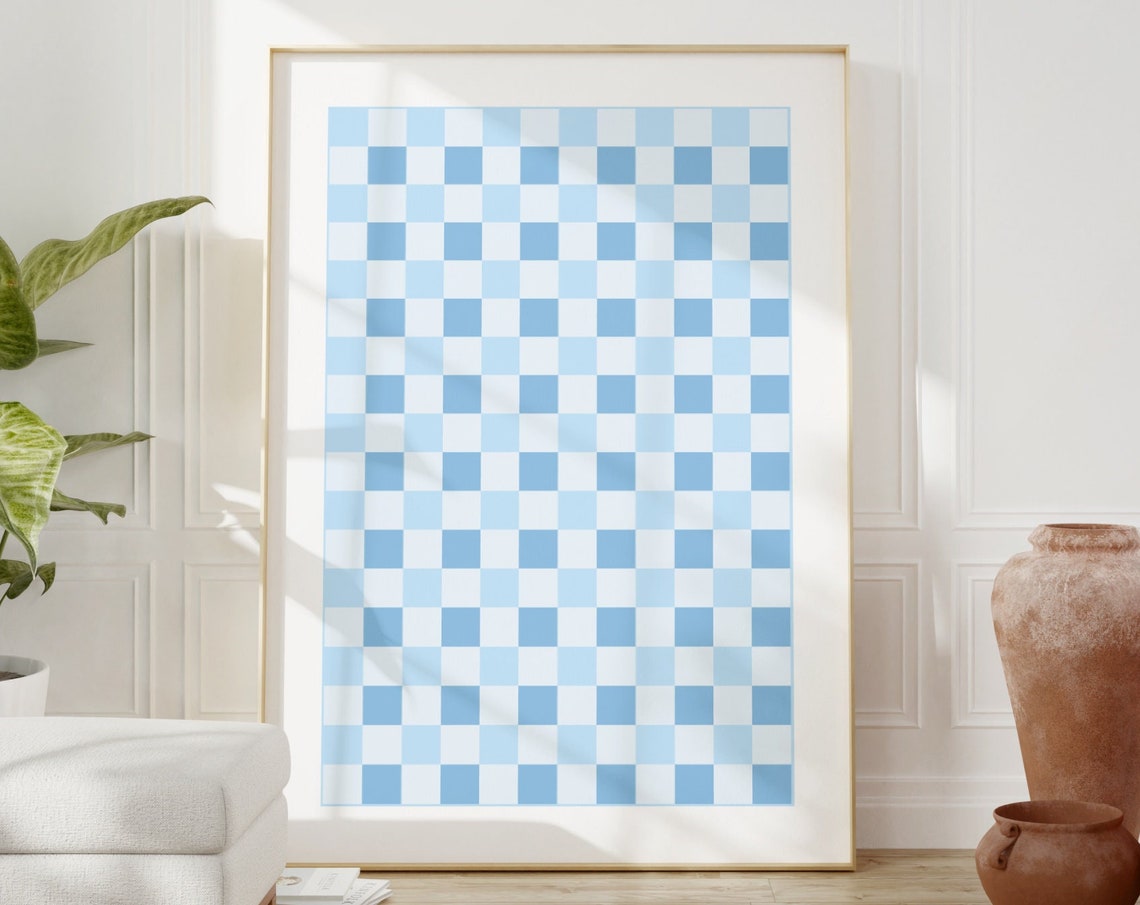 Blue Checkerboard Pattern Poster Retro Checkered Squares Wall Decor