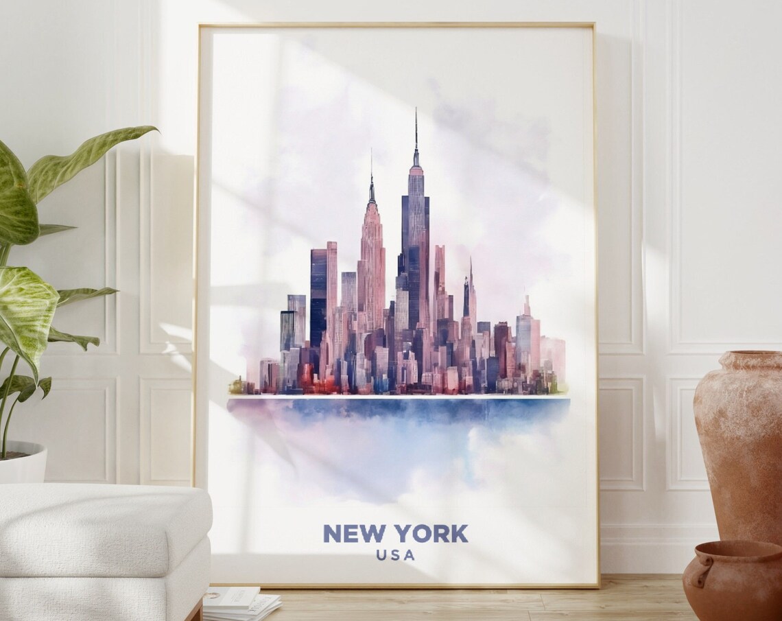 New York USA Pink Watercolor Skyline Travel Exhibition Poster