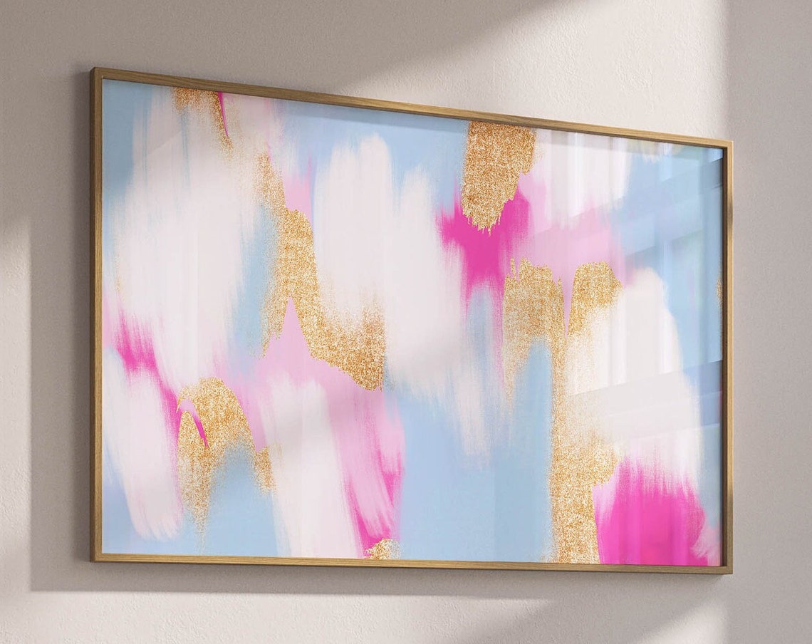 Pink Blue Gold Glitter Abstract Brushstroke Horizontal Art Poster
