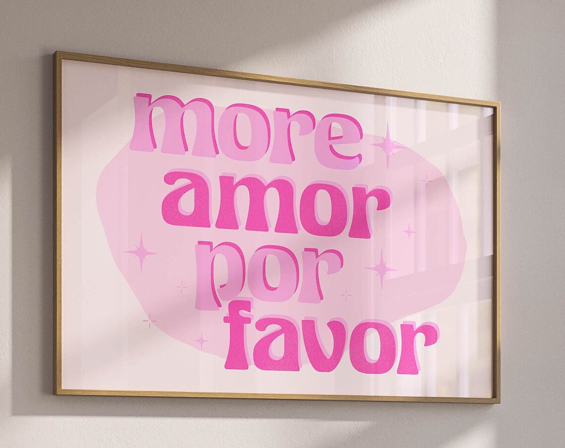 More Amor Por Favor Pink Retro Bubble Letter Typography Quote Print
