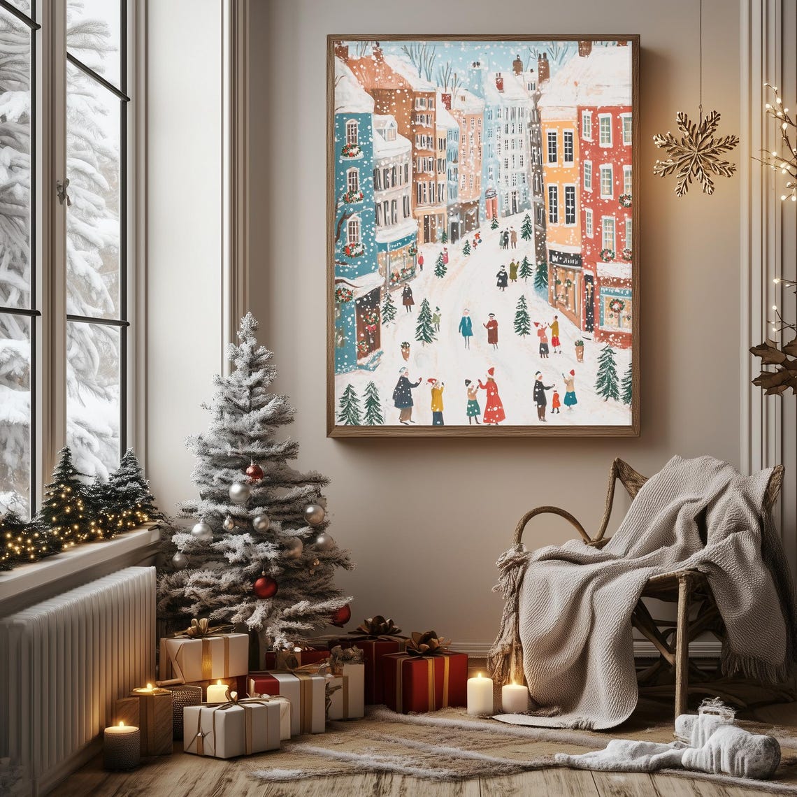 Snowy Christmas Street Shops People Pine Trees Festive Winter Poster - Image 3