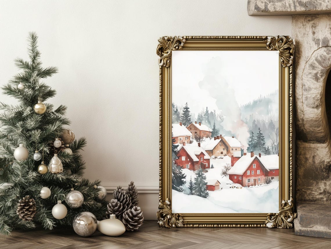 Red Winter Village Snow Scene Watercolor Rustic Christmas Poster - Image 2