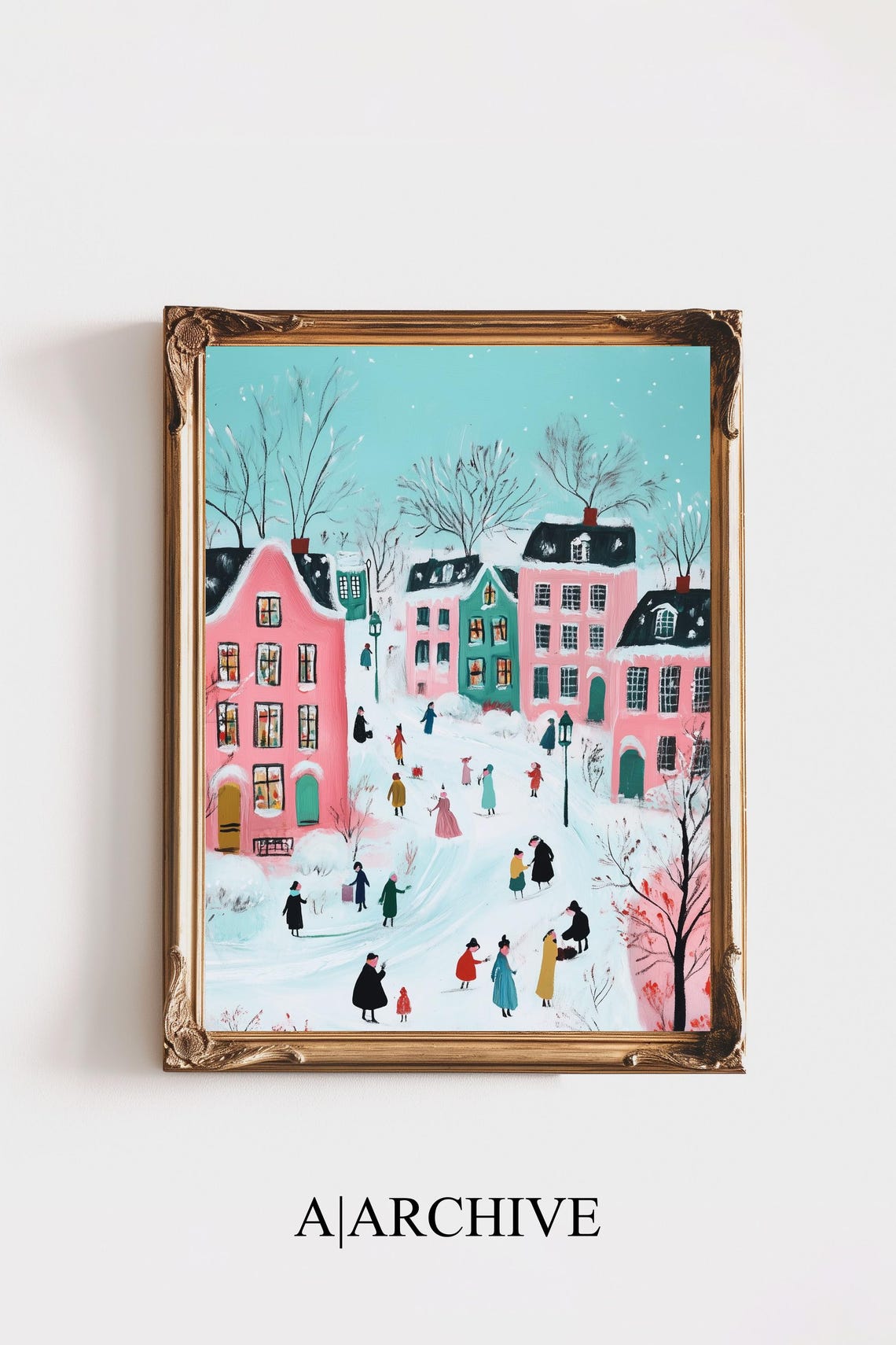 Pink Holiday Village Winter Scene Retro Farmhouse Christmas Poster
