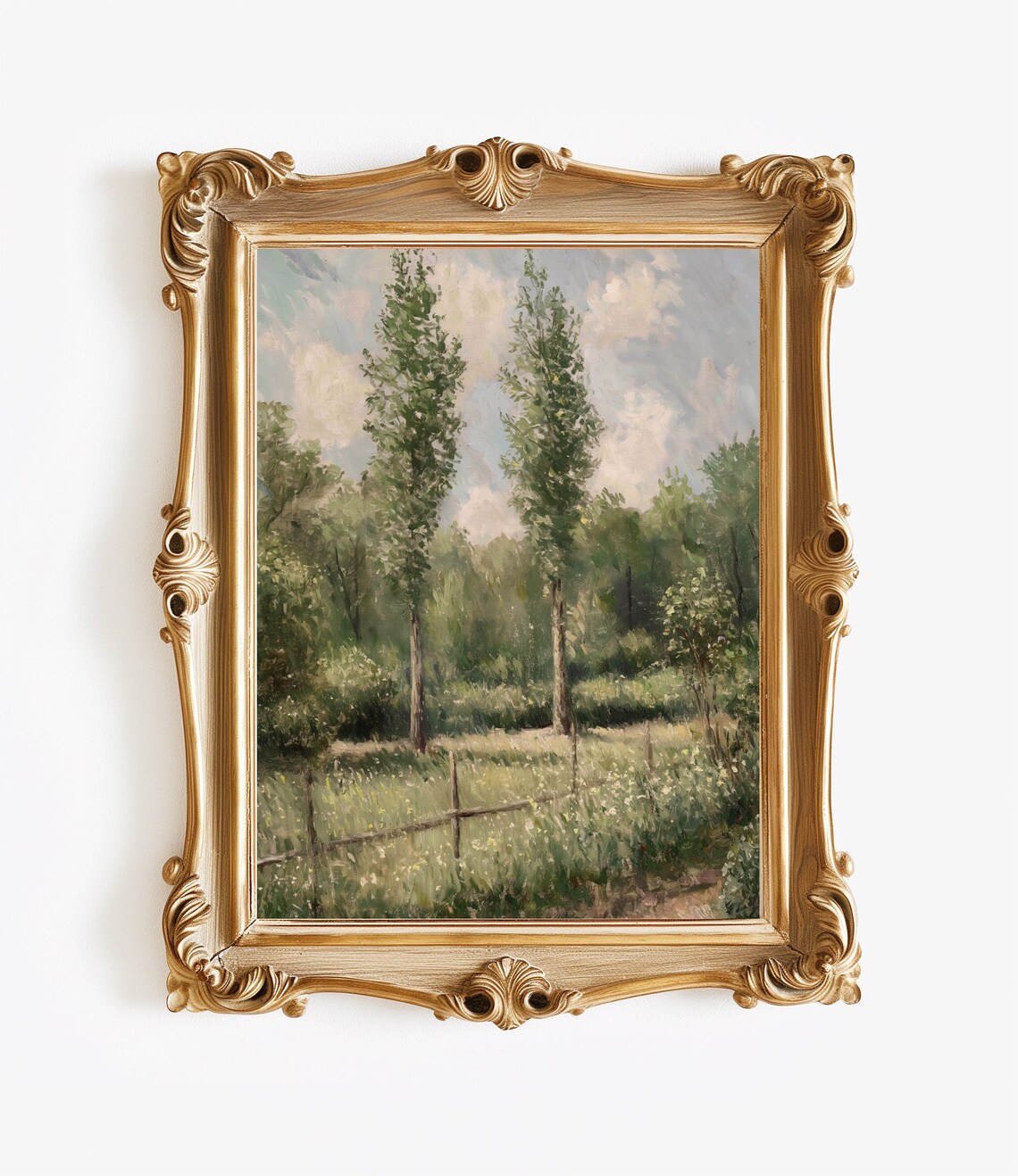 Impressionist Poplar Trees Meadow Painting Fence Vintage Print - Image 2