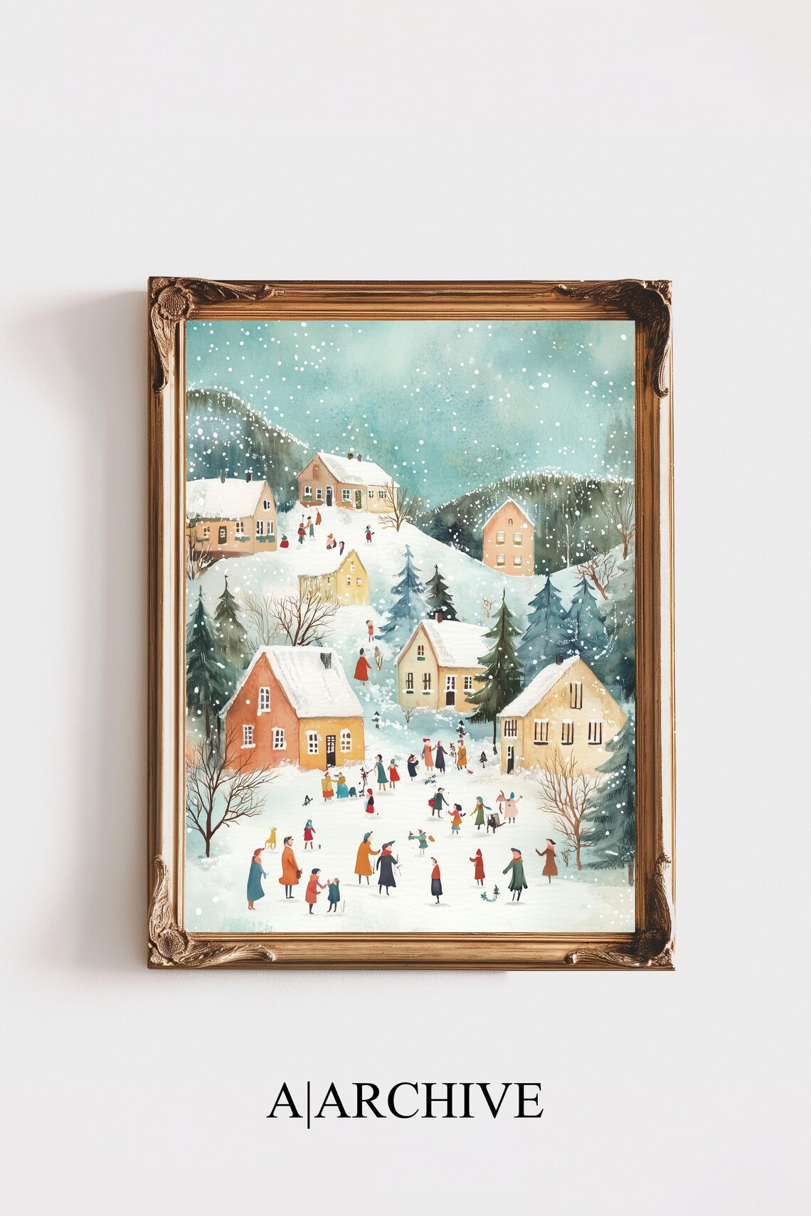 Watercolor Christmas Wall Art Pastel Pink Holiday Print Winter Village Art Pink Christmas Scene Holiday Village Wall Decor