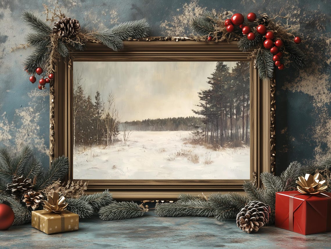 Snowy Meadow Between Pine Forests Soft Light Winter Landscape Poster - Image 4