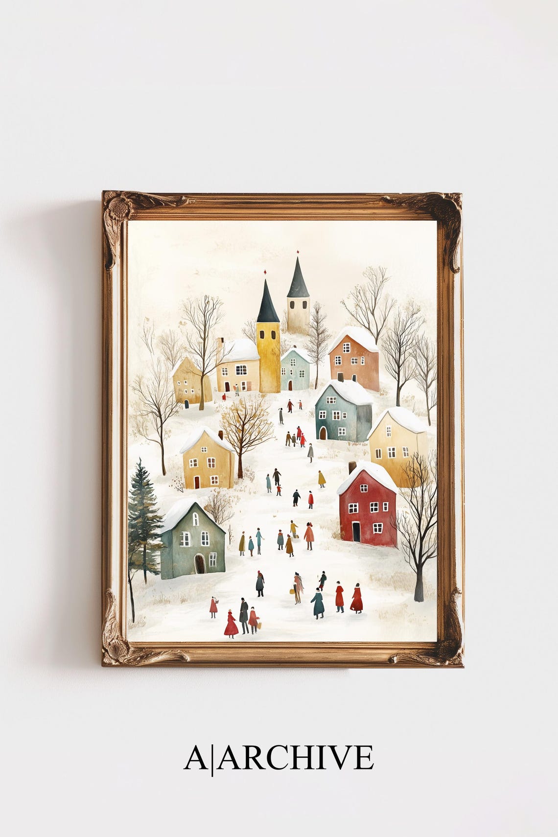 Christmas Village Art Pink Holiday Wall Print Watercolor Christmas Village Winter Scene Print Pastel Pink Holiday Art