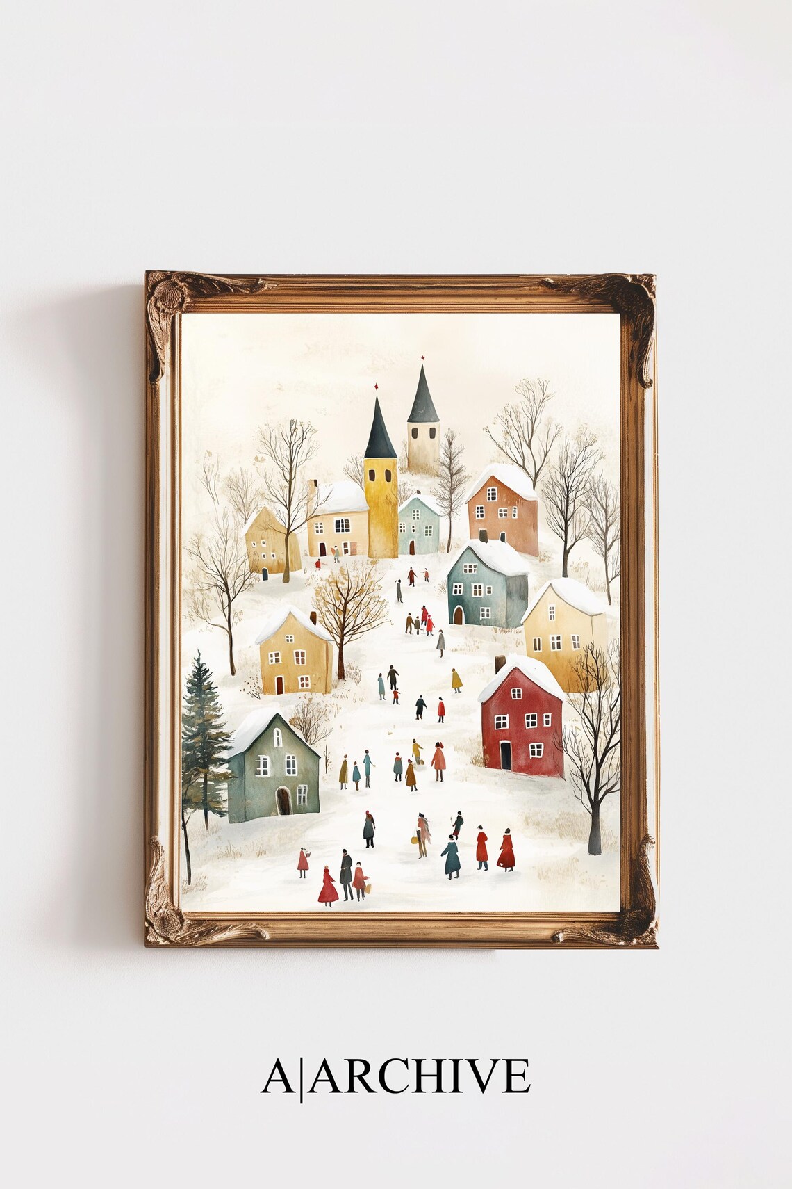 Muted Watercolor Winter Village Church Spires Snowy Holiday Poster