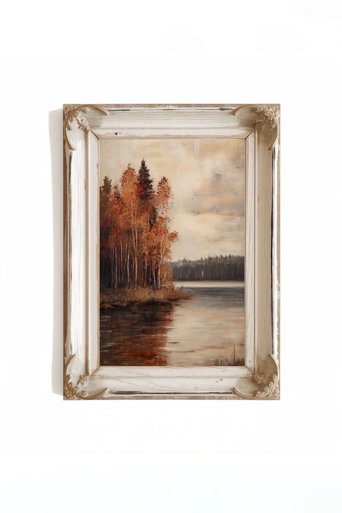 Autumn Lake Painting Orange Birch Trees Moody Fall Landscape Print - Image 3