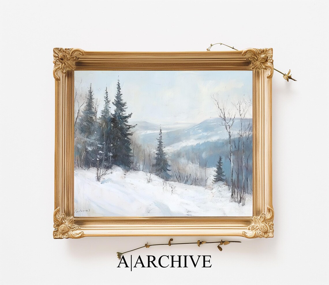 Misty Snowy Mountain Pines Winter Landscape Oil Painting Poster - Image 2