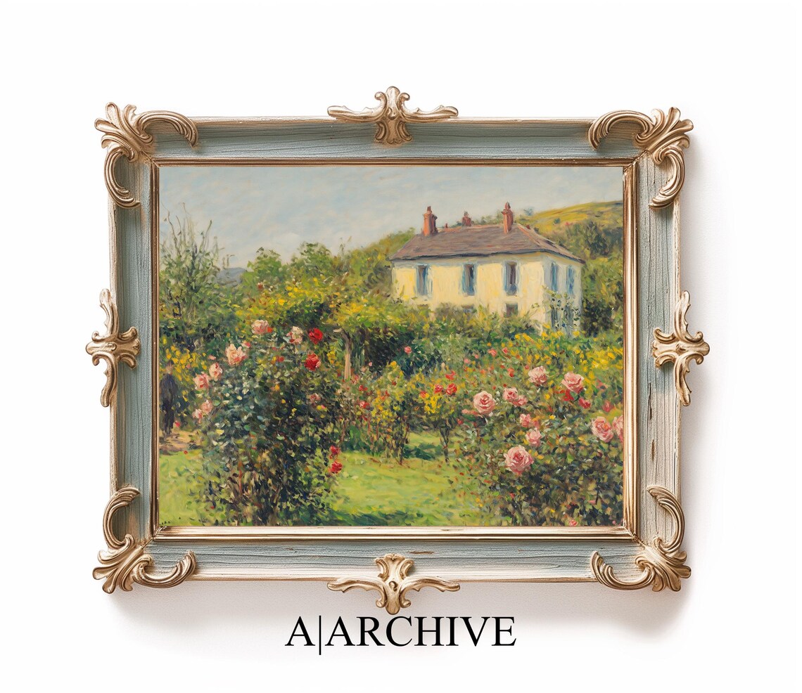 Sunny Cottage Garden with Pink Roses Vintage Oil Painting Poster - Image 2