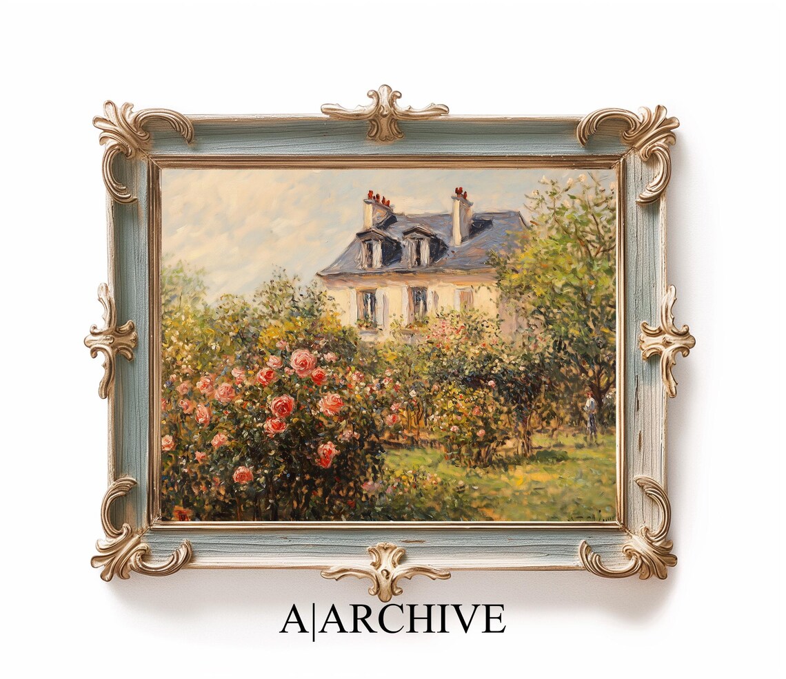Rose Covered Garden and Village House Vintage Oil Painting Poster - Image 2