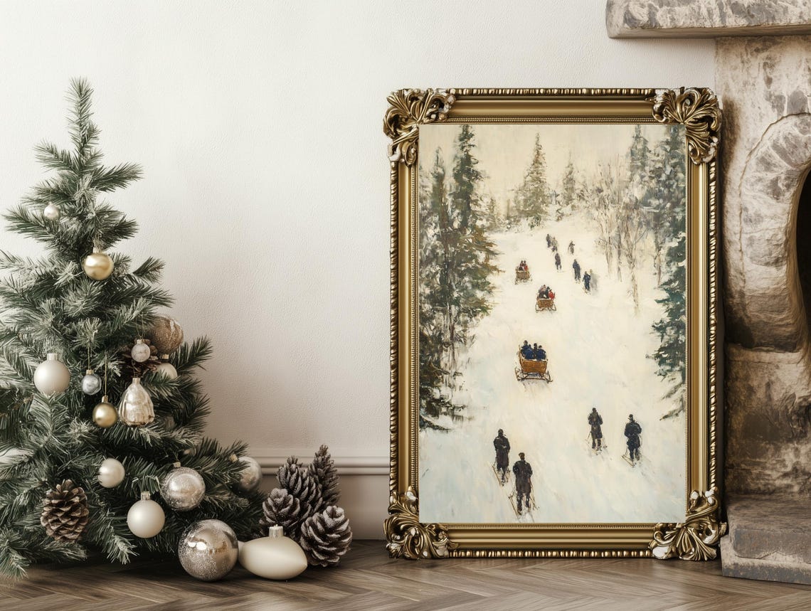 Vintage Winter Sleigh Ride Snowy Forest Path Impressionist Oil Poster - Image 3