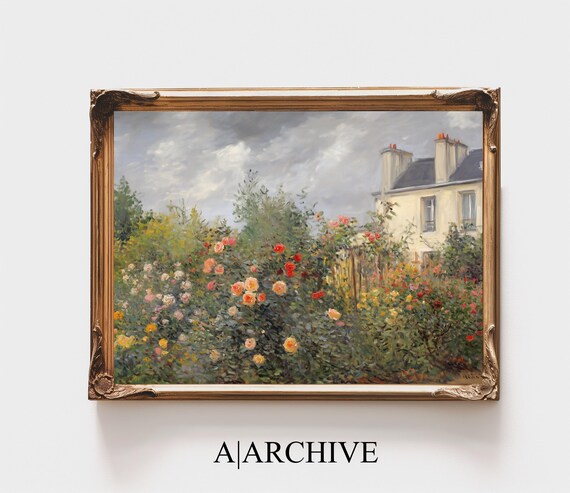 Wild Rose Garden Under a Cloudy Sky Vintage Oil Painting Poster