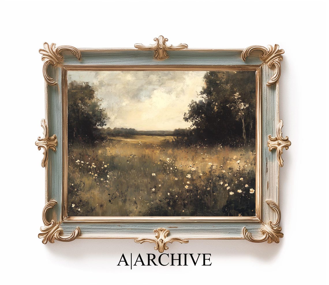 Moody Meadow Trees Dusk Golden Hour Landscape Vintage Art Poster - Image 2