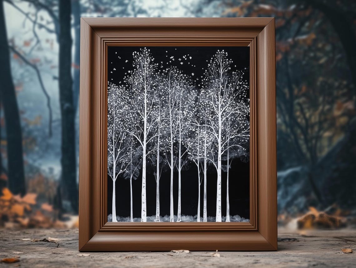 White Birch Trees Starry Night Black Background Dramatic Art Poster - Image 4