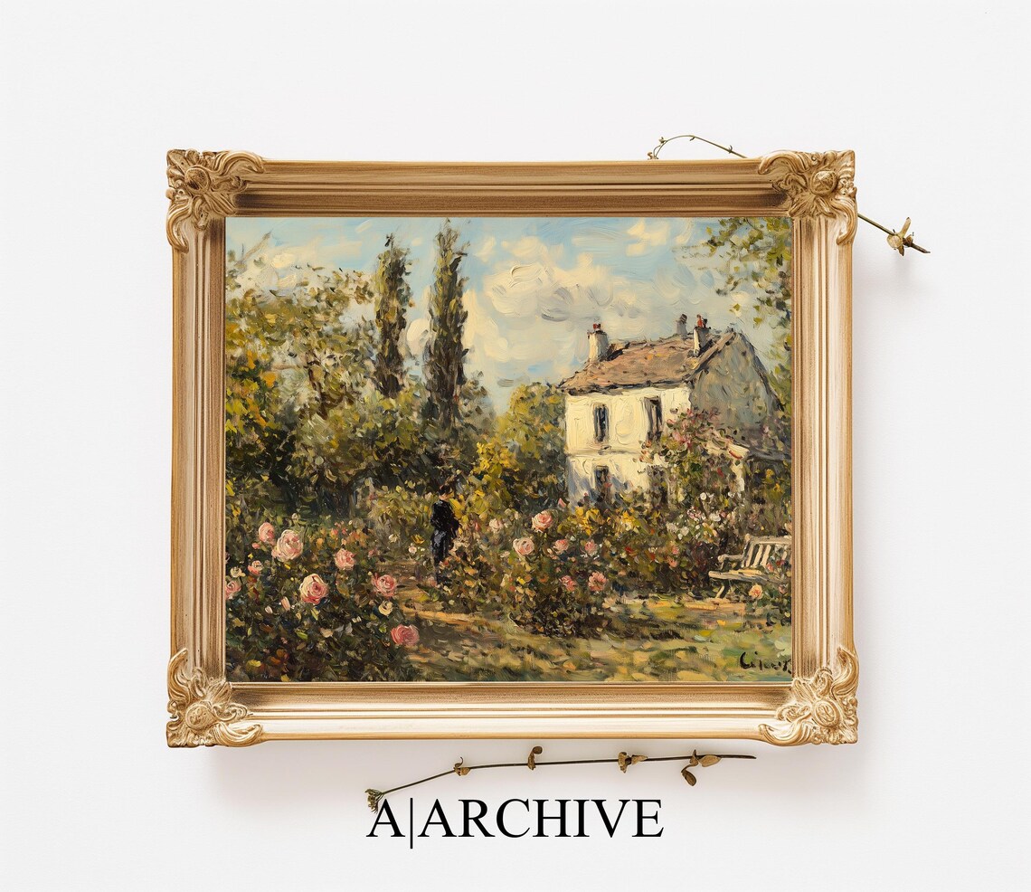 Blooming Pink Roses Cottage Garden Vintage Oil Painting Style Poster - Image 3
